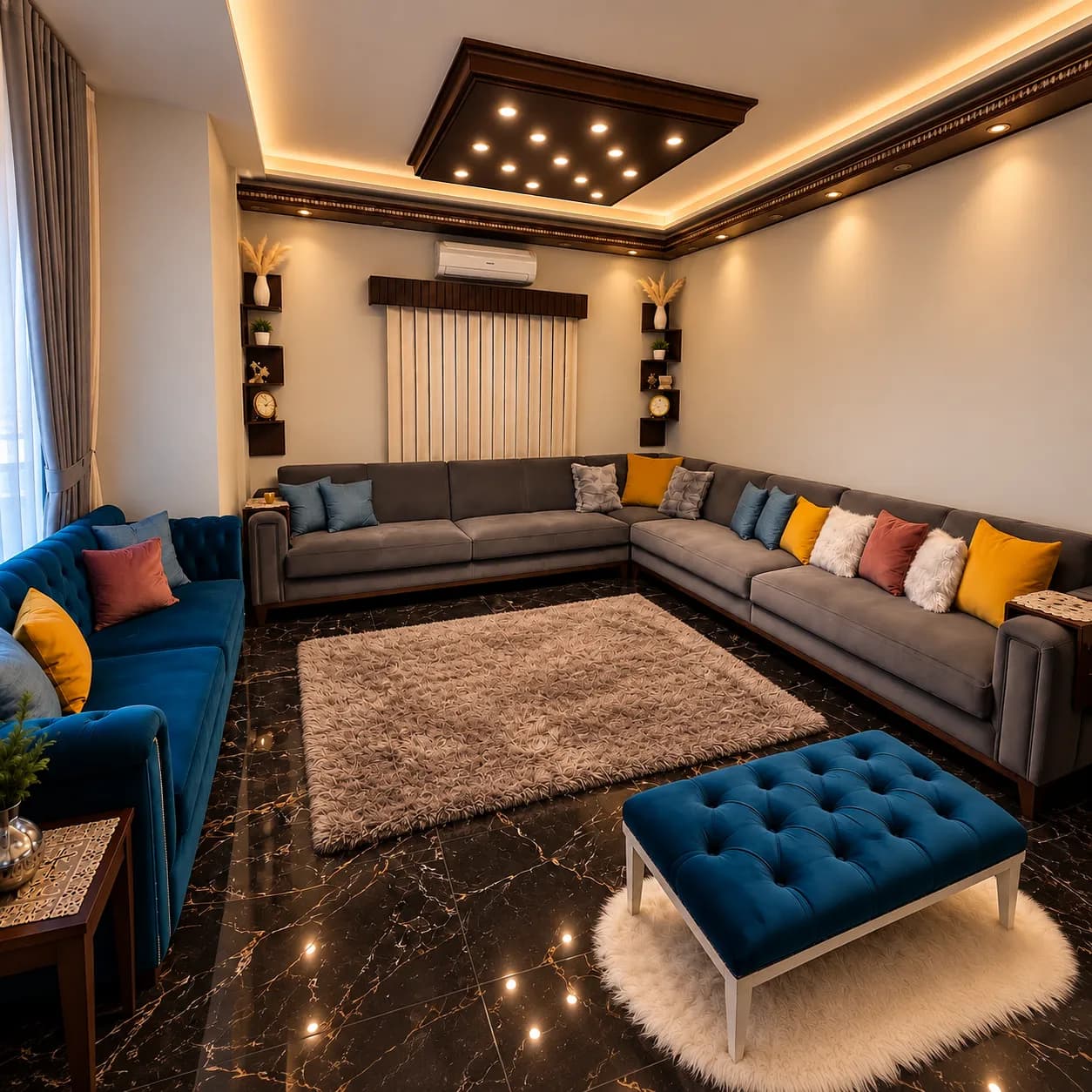 Grey L-shaped corner sofa shown with deep blue tufted accent seating and a blue bench