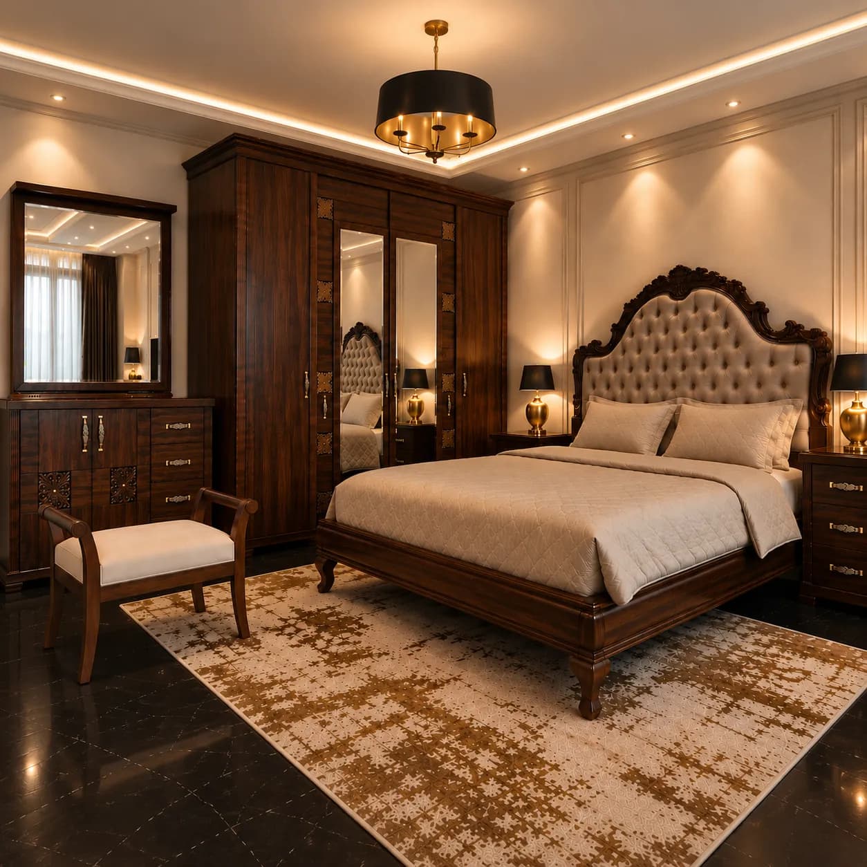 Classic dark bedroom with an ornate tufted headboard, mirrored wardrobe and dressing cabinet