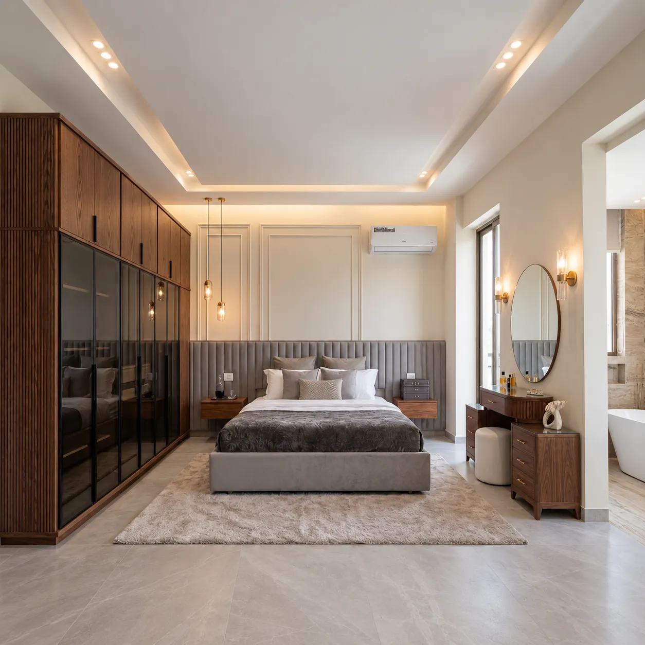 Harlow grey upholstered bed with a channelled headboard and warm wood-tone bedroom storage