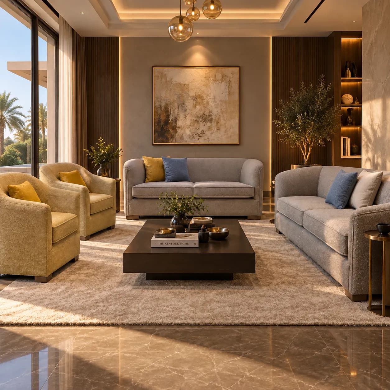 Grey rounded-arm sofas with cream accent chairs and a dark square coffee table