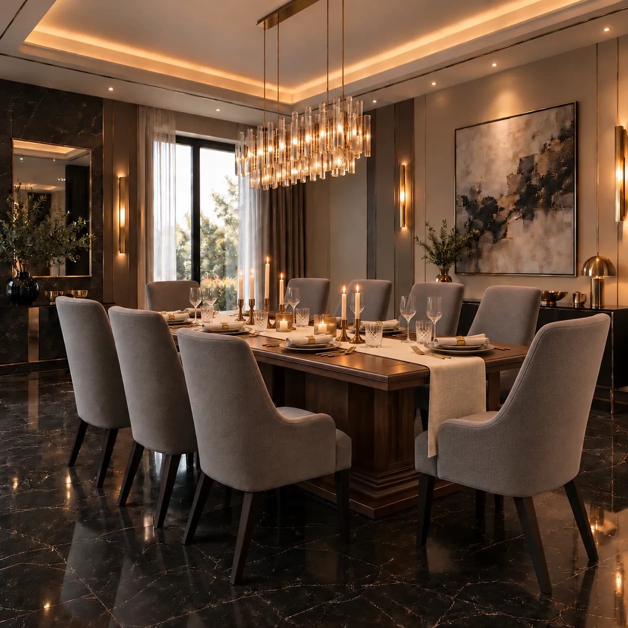 Dark rectangular dining table with tall taupe upholstered chairs in a formal dining room