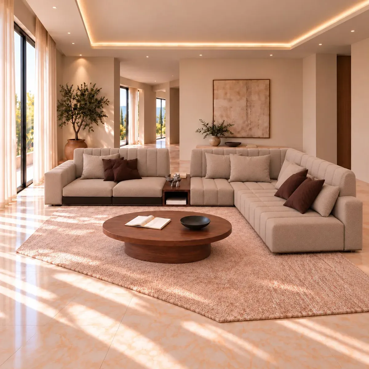 Corner sofa with vertically channelled back cushions, available separately to order