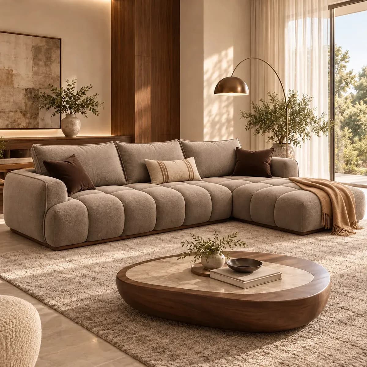 Sofa with rounded upholstered arms and extended chaise-style seating, sold separately